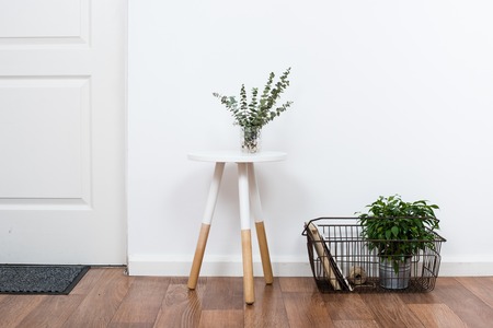 Scandinavian home interior decoration, simple decor objects and furniture, minimalist white roomの写真素材