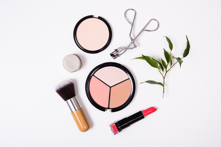 Professional makeup brushes and tools, make-up products kit, flatlay on white backgroundの写真素材
