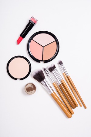 Professional makeup brushes and tools, make-up products kit, flatlay on white backgroundの写真素材