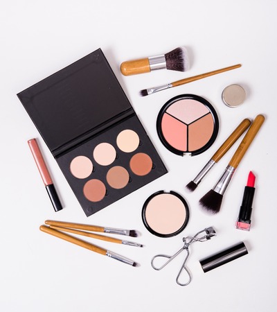 Professional makeup brushes and tools, make-up products kit, flatlay on white backgroundの写真素材