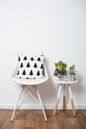 minimalist furniture and hyacinthsの写真素材