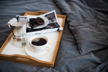 Coffee and breakfast in bed, cozy morningの写真素材