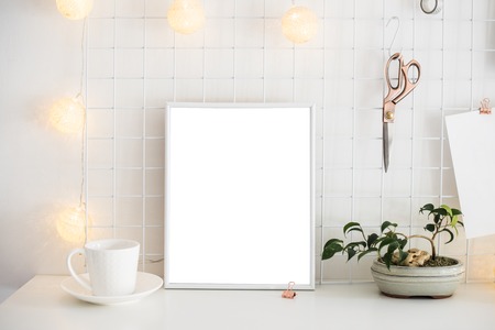 White home office room interior, bloggers workplaceの写真素材