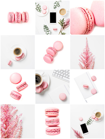 collection of photos with coffee and pink pastel colored macaroonsの写真素材
