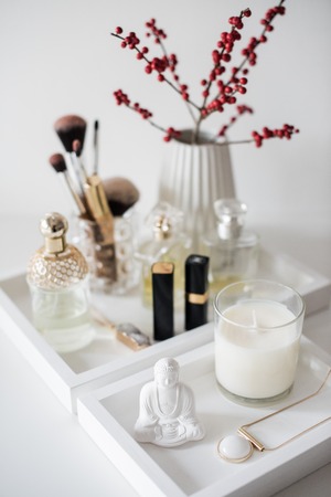 Ladys dressing table decoration with flowers, beautiful details,の写真素材