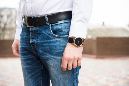 Elegant young business mans hand with fashion no brand wrist watchの写真素材