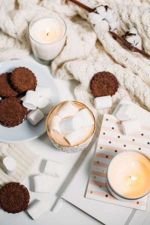 Cozy home winter arrangement, cocoa with marshmallows, homemadeの写真素材