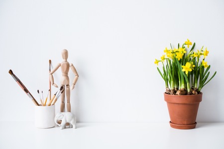 Fresh natural yellow daffodils in ceramic pot on white table near empty wallの写真素材