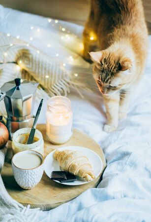 Cozy winter weekend breakfast, coffee and croissant on wooden trayの写真素材