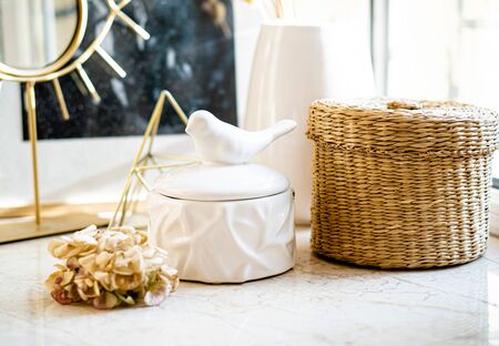 Country style home decor, jewelry box and wicker basketの写真素材