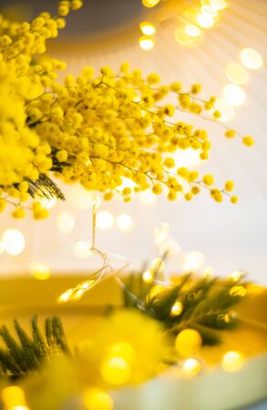 Bouquet of yellow mimosa flowers with bright gold interior decor with light spots, artistic soft focusの写真素材