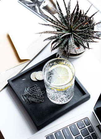 Real workspace close-up shot, tabletop with succulents, laptop keyboard