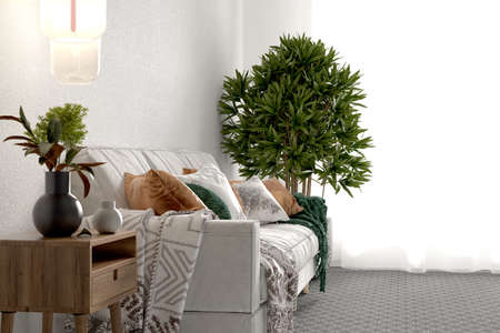 Cozy home interior with sofa, daylight and decorative items