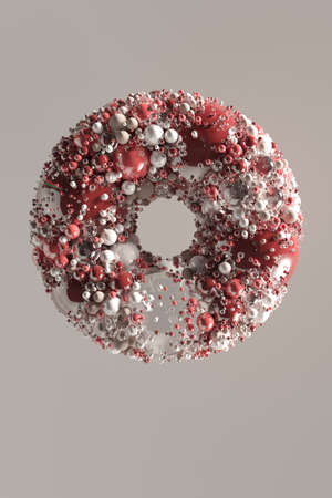 Abstract ring torus of glossy glass and plastic spheres, red color 3D renderの写真素材