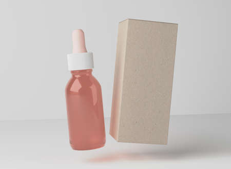 Face oil serum pink glass bottle, design ready dropplet with brown paper box mockup, 3D renderの写真素材