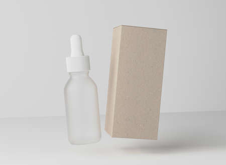 Face oil serum frosted glass bottle, design ready dropplet with brown paper box mockup, 3D renderの写真素材