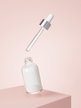 Cosmetic serum dropper bottle floating on podium with pastel pink background 3D render, care product packaging and brandingの写真素材