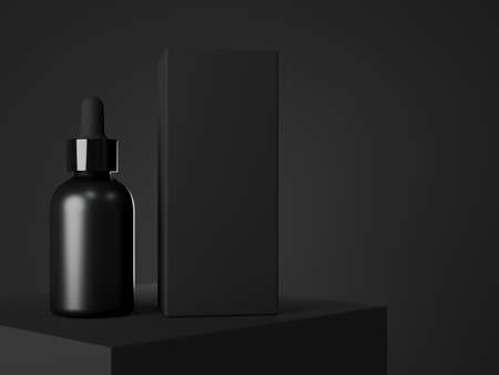 Black cosmetic dropper bottle and box mockup, facial serum packaging and branding visualization, care product templateの写真素材