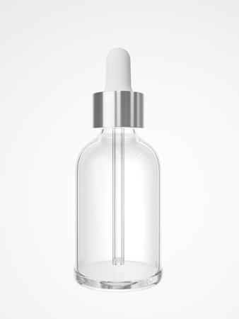 White glass cosmetic serum dropper bottle 3D render, care product packagingの写真素材