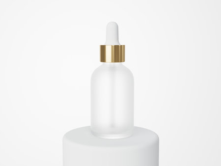 White glass cosmetic serum dropper bottle on podium 3D render, care product packagingの写真素材
