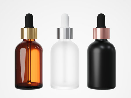 Three different cosmetic serum dropper bottles 3D render, care product packagingの写真素材