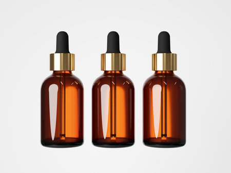 Cosmetic serum dropper brown glass bottle 3D render, care product packagingの写真素材
