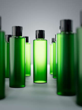 Empty green plastic bottle 3D render, group of cosmetic containersの写真素材