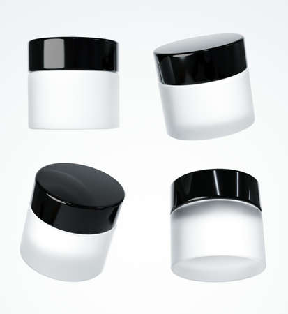 Four different views of frosted glass cream jar with black cap, 3D render cosmetic product packaging isolated on white background, design and branding ready mock-upの写真素材