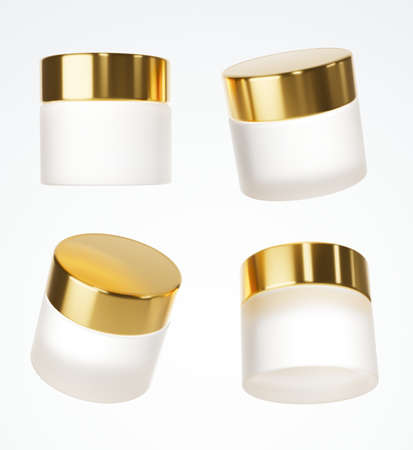 Four different views of frosted glass cream jar with gold cap, 3D render cosmetic product packaging isolated on white background, design and branding ready mock-upの写真素材