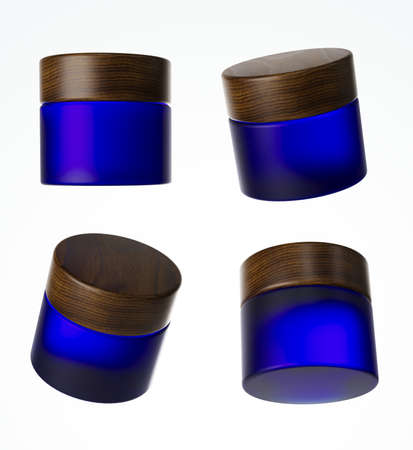 Four different views of frosted blue glass cream jar with wooden cap, 3D render cosmetic product packaging isolated on white backgroundの写真素材