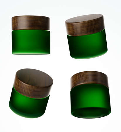 Four different views of frosted green glass cream jar with wooden cap, 3D render cosmetic product packaging isolated on white backgroundの写真素材