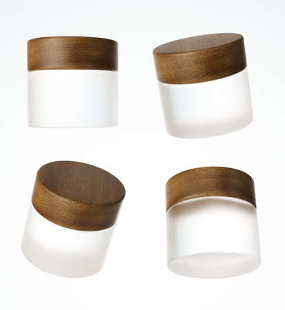 Four different views of frosted glass cream jar with wooden cap, 3D render cosmetic product packaging isolated on white backgroundの写真素材