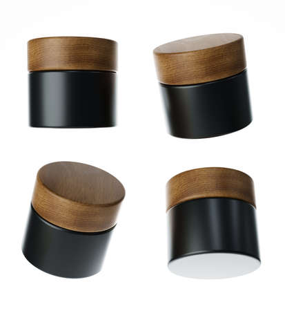 Four different views of glossy black cream jar with wooden cap, 3D render cosmetic product packaging isolated on white backgroundの写真素材