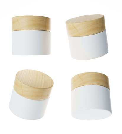 Four different views of glossy white cream jar with wooden cap, 3D render cosmetic product packaging isolated on white backgroundの写真素材