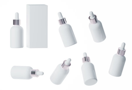 Seven different views of glossy white plastic serum bottle with cap 3D render, cosmetic product packaging isolated on white background, design and branding ready mock-upの写真素材