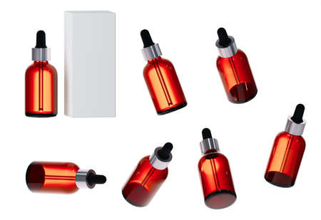 Seven different views of glossy brown glass serum bottle with cap 3D render, cosmetic product...