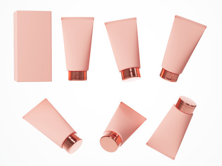 Six different views of beige cosmetic cream tube with rose gold cap with box isolated on white background 3D render, care product packaging and brandingの写真素材
