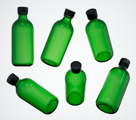 Cosmetic bottles several views 3D render, different angles of care product container template on white background isolated, design and branding ready clear glass bottle with capの写真素材