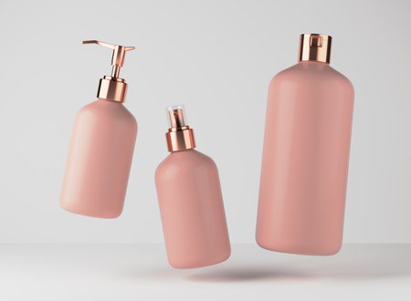 Three different brown plastic bottles for hair and body care products 3D render, set of floating cosmetic containers on gray studio background, packaging mockupの写真素材