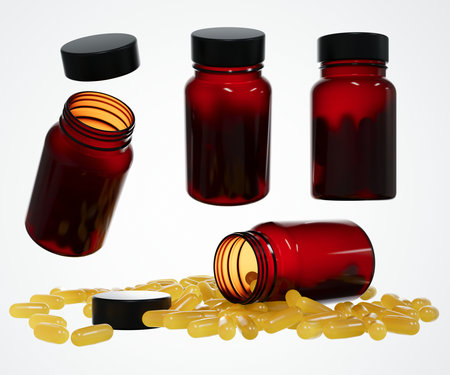 Realistic brown plastic medical jar with vitamin capsules 3D render, different views of pharmacy container with pills design ready mock-up, commercial templateの写真素材