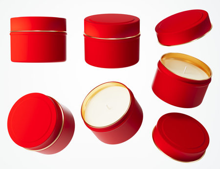 Travel candle in red and gold metal jar with lid 3D render mock-up, different views of candle box isolated on white background design ready templateの写真素材