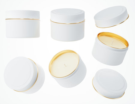 Travel candle in white and gold metal jar with lid 3D render mock-up, different views of candle box isolated on white background design ready templateの写真素材