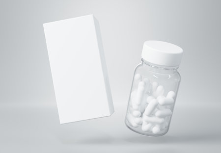 Medicine clear plastic jar with capsules and white box floating on gray background 3D render mockupの写真素材