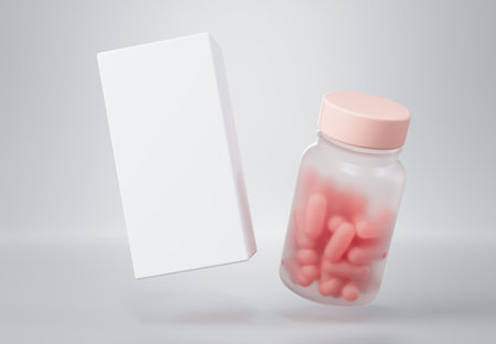 Medicine plastic jar with pink capsules and white box floating on gray background 3D render mockupの写真素材