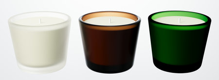 Set of three colored glass container candles mock-up 3D render, scented candle design ready templateの写真素材