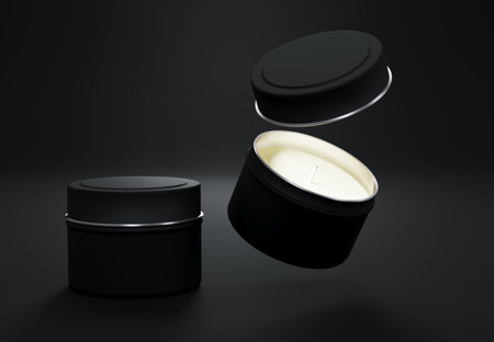 Container candle tin box mock-up on black background 3D renderの写真素材