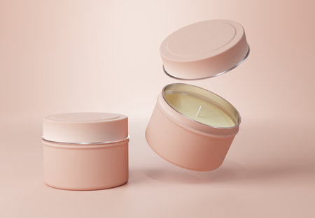 Container candle tin box mock-up on beige background, travel candle can template for brandingの写真素材