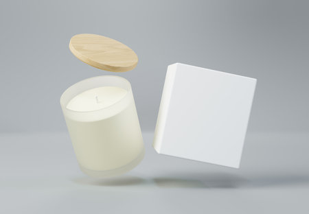 Frosted glass jar candle with wooden lid and box 3D render mockupの写真素材