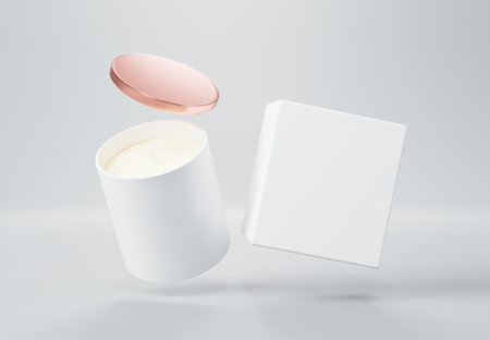 White ceramic glass jar candle with rose gold lid and box 3D render mockupの写真素材