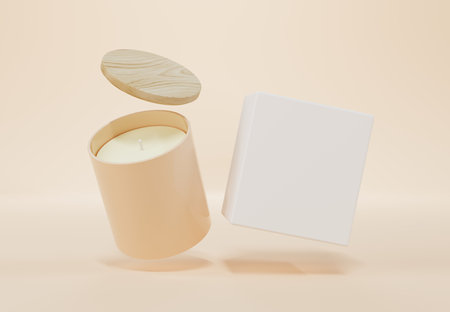 Beige ceramic glass jar candle with wooden lid and box 3D render mockupの写真素材